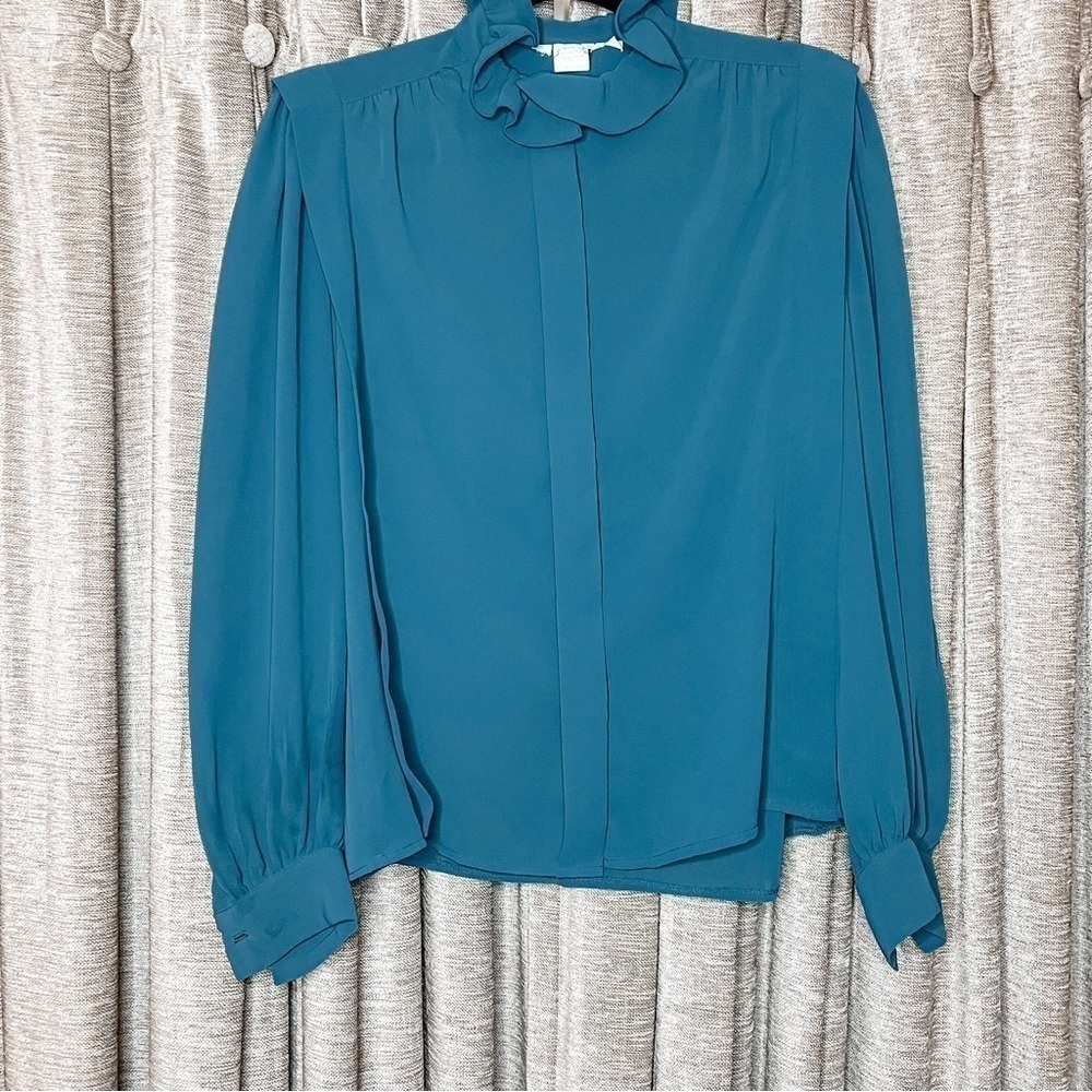 Vintage Ruffle High Neck Turquoise Blue Button Front Blouse Size 8